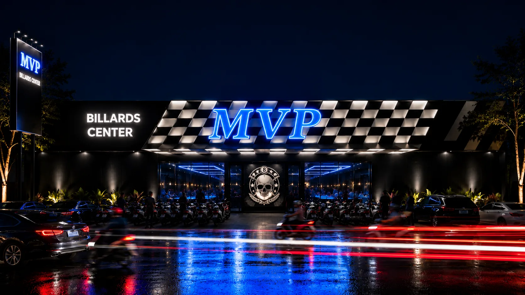 Mặt tiền chính diện MVP Billiards Center về đêm — biển hiệu MVP phát sáng, mái caro cờ đích, xe đỗ kín trước cửa